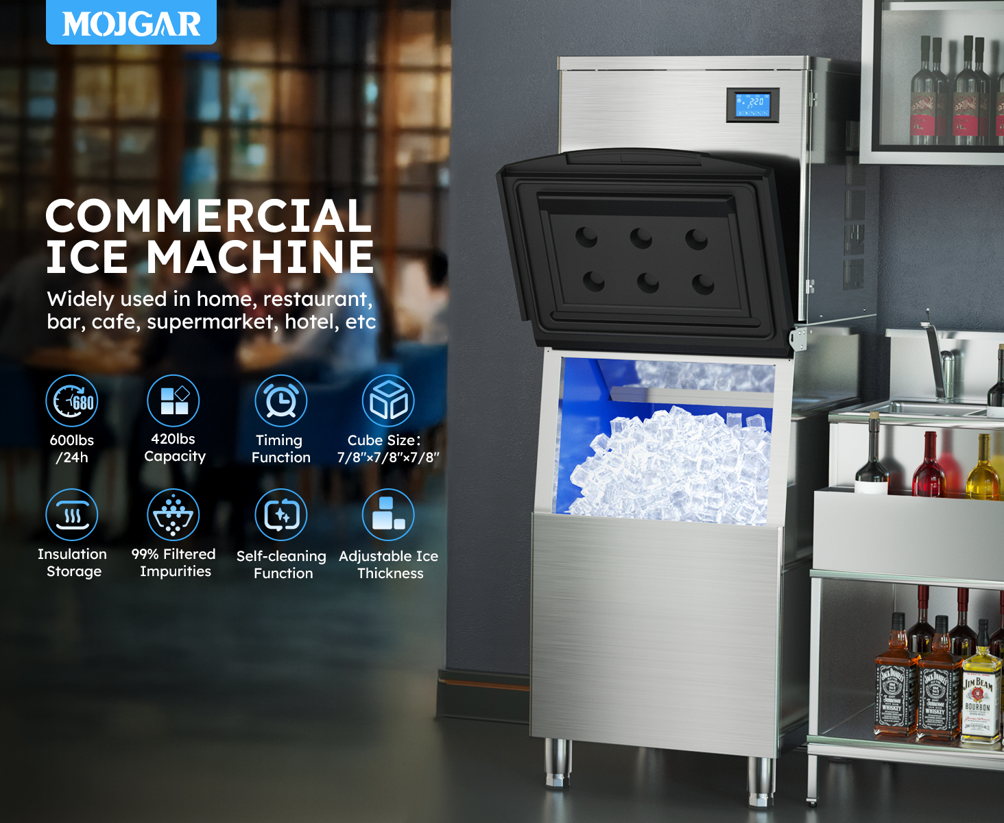 Mojgar Commercial Ice Machine with 600LBS/day production, 420LBS storage, adjustable ice thickness, self-cleaning, and 99% impurity filtration. Ideal for restaurants, bars, cafes, and hotels.