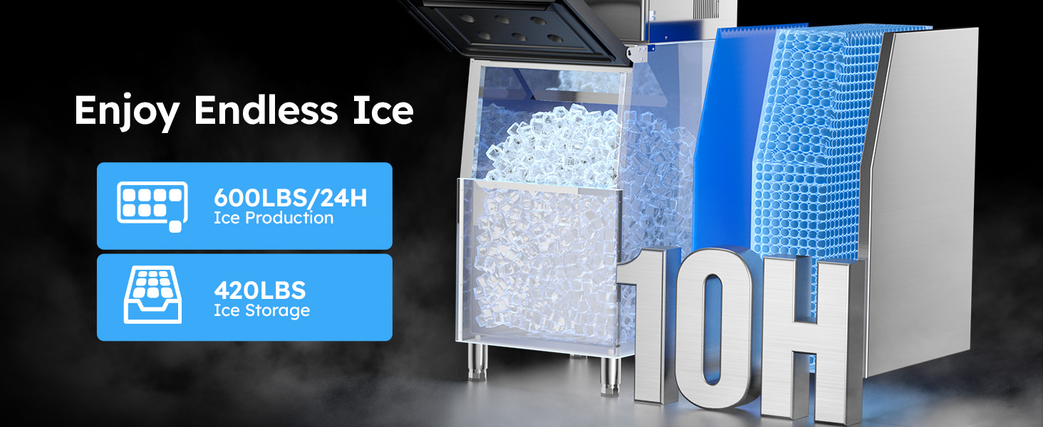 Mojgar Commercial Ice Machine with 600LBS/day production and 420LBS storage capacity. Features long-lasting insulation to keep ice fresh for up to 10 hours, ideal for high-demand commercial use.