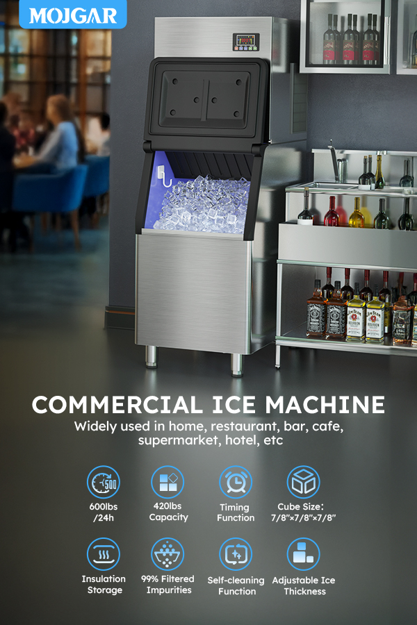 Mojgar Commercial Ice Machine with 600LBS/day ice production and 420LBS storage capacity. Features include a timing function, adjustable ice thickness, self-cleaning function, and 99% filtered impurities. Ideal for restaurants, bars, and more.