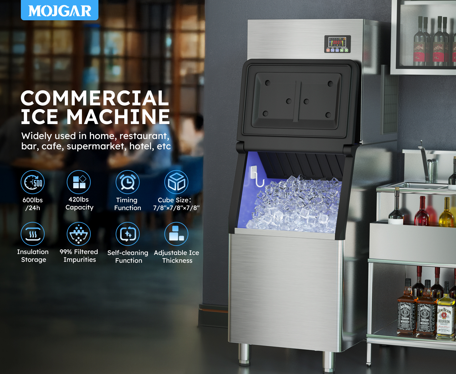 Mojgar Commercial Ice Machine with 600LBS/day ice production and 420LBS storage capacity. Features include a timing function, adjustable ice thickness, self-cleaning function, and 99% filtered impurities. Ideal for restaurants, bars, and more.