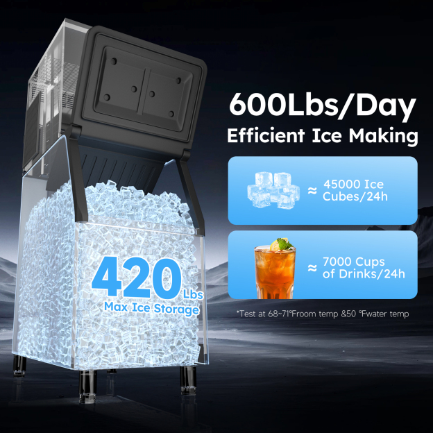 Mojgar Commercial Ice Machine producing 600LBS of ice per day with 420LBS of maximum storage capacity. Perfect for making 45,000 ice cubes and serving 7,000 cups of drinks daily. Ideal for commercial use in restaurants, bars, and offices.