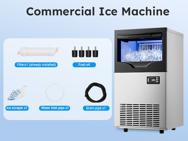 Mojgar commercial ice machine with included accessories: pre-installed filter, ice scraper, water inlet pipe, drain pipe, and four adjustable feet for easy installation and maintenance.








