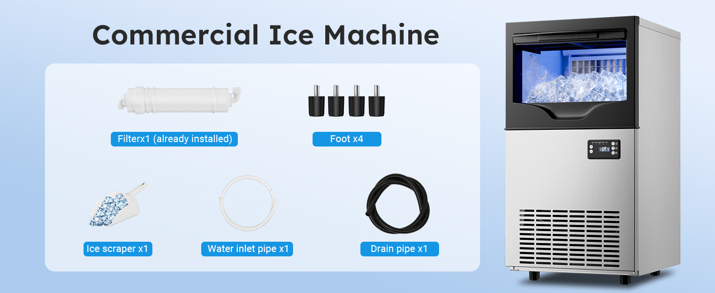 Mojgar commercial ice machine with included accessories: pre-installed filter, ice scraper, water inlet pipe, drain pipe, and four adjustable feet for easy installation and maintenance.








