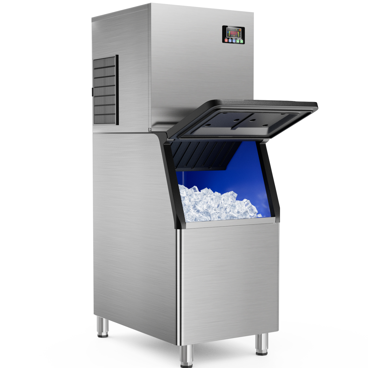 Mojgar Commercial Ice Machine with stainless steel finish, fast ice production, 420LBS storage capacity, and user-friendly control panel, ideal for commercial use in restaurants, bars, and offices.