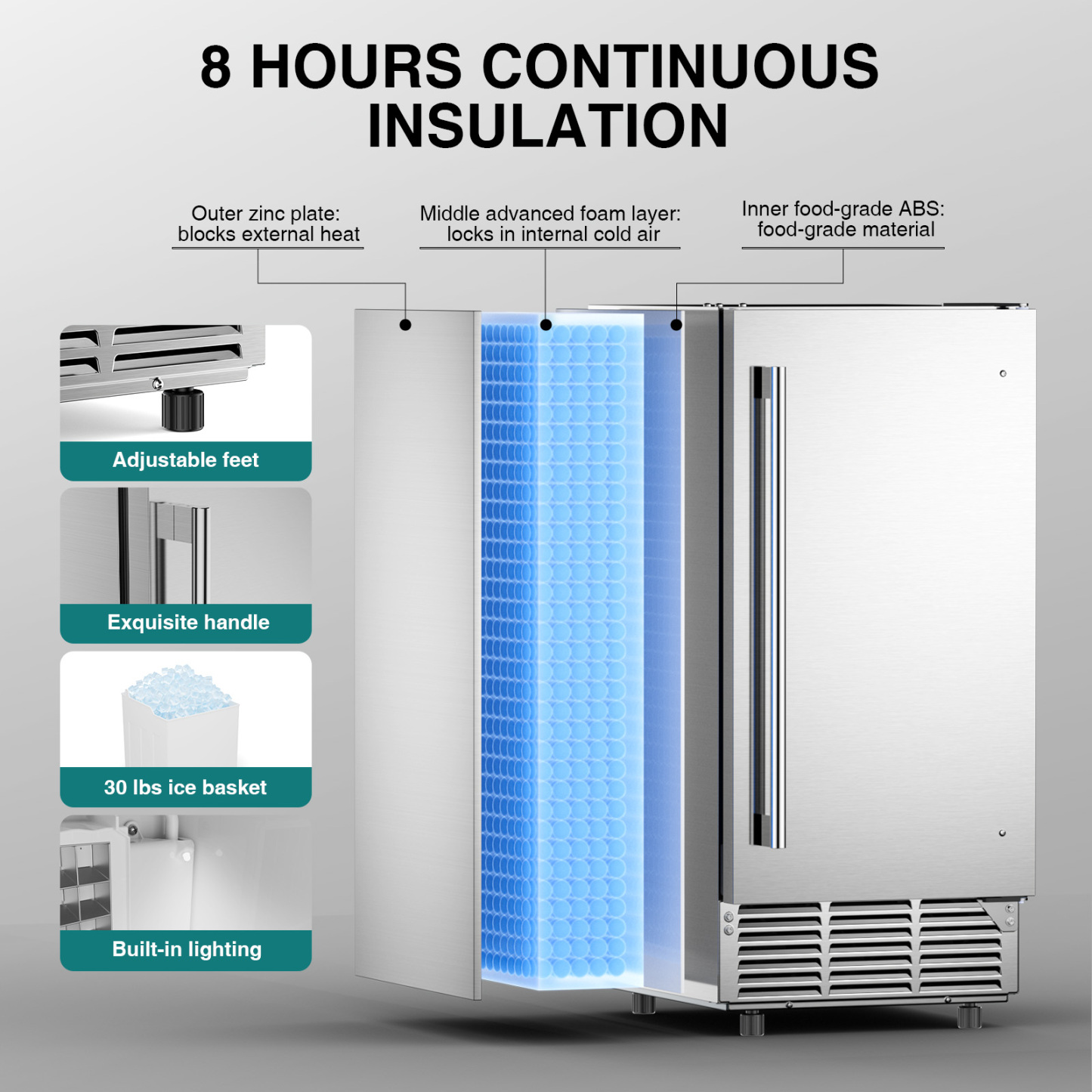 Mojgar Commercial Ice Maker with 8 hours of continuous insulation. Features outer zinc plate, advanced foam layer, and food-grade ABS material. Includes a 30LBS ice basket, adjustable feet, and built-in lighting for easy use.