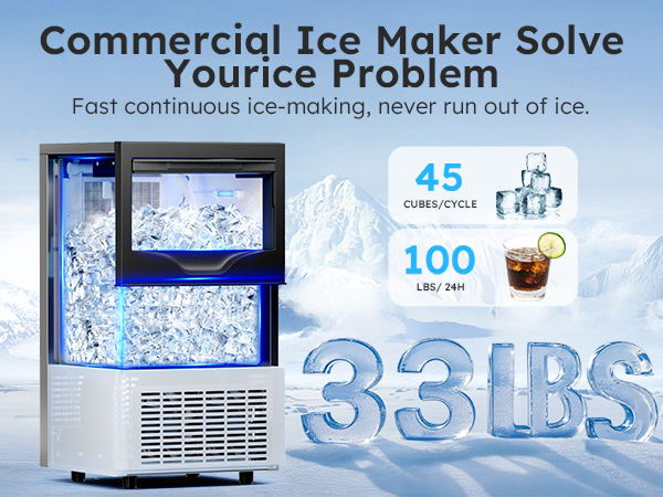 Mojgar commercial ice maker providing fast, continuous ice-making with 45 cubes per cycle and 100 lbs of ice production per 24 hours. Features 33 lbs storage capacity, ensuring you never run out of ice.