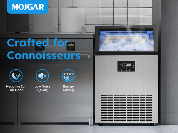 Commercial ice maker by Mojgar, crafted for connoisseurs, featuring negative ion air odor, low noise (≤42dB), and energy-saving technology for premium performance