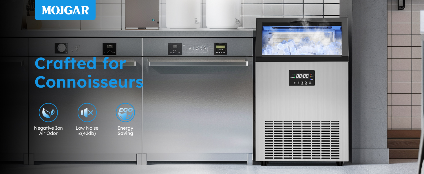 Commercial ice maker by Mojgar, crafted for connoisseurs, featuring negative ion air odor, low noise (≤42dB), and energy-saving technology for premium performance