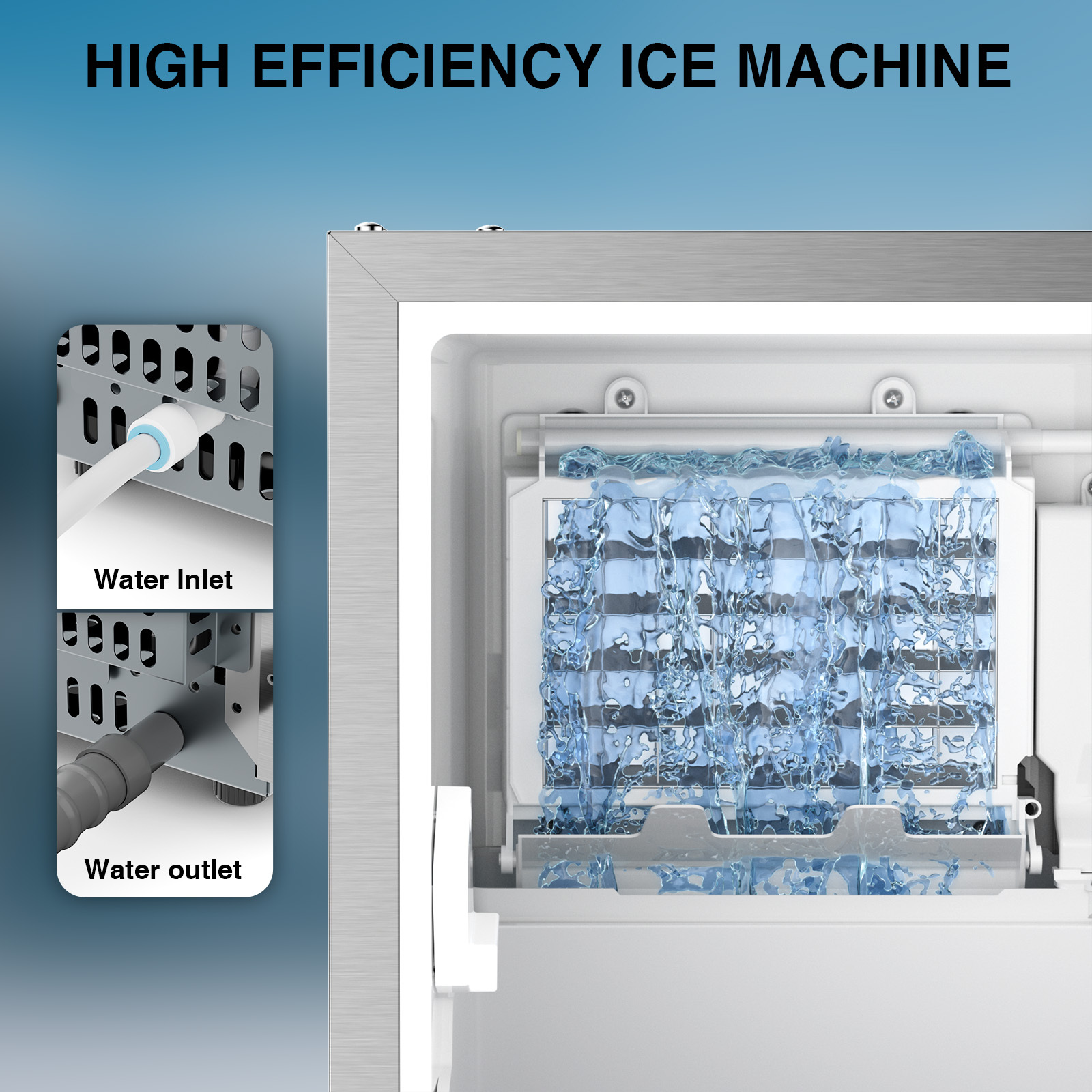 Mojgar Commercial Ice Maker with high-efficiency water inlet and outlet system for fast ice production. Ideal for home, office, or commercial use, providing reliable and efficient ice making.