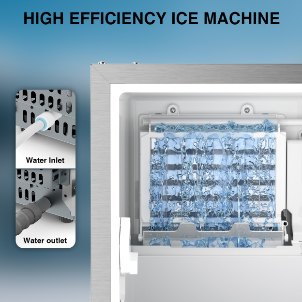Mojgar Commercial Ice Maker with high-efficiency water inlet and outlet system for fast ice production. Ideal for home, office, or commercial use, providing reliable and efficient ice making.