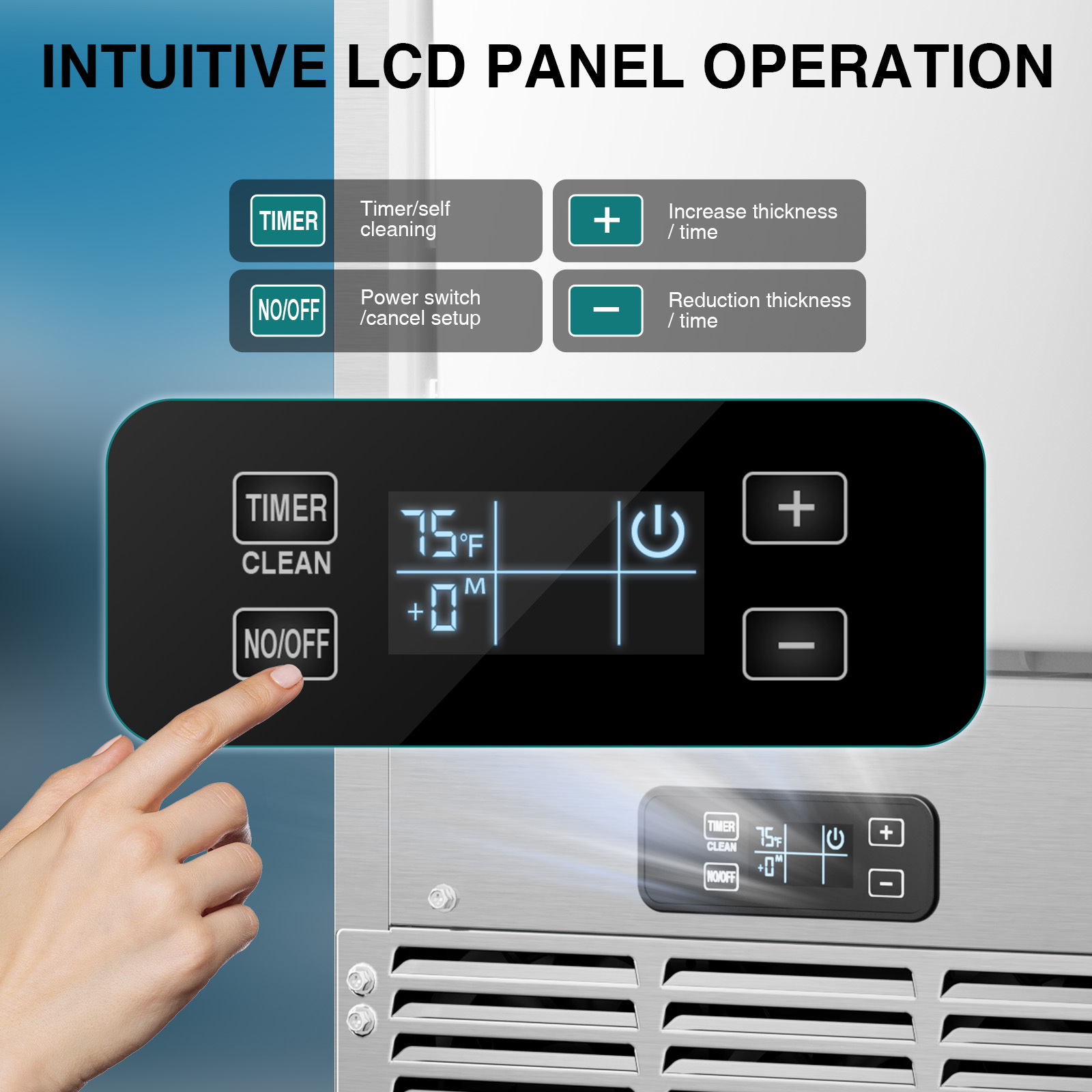 Mojgar Commercial Ice Maker with intuitive LCD control panel for easy operation. Features timer, self-cleaning function, and adjustable ice thickness. Perfect for home, office, and commercial use, providing efficient ice production.