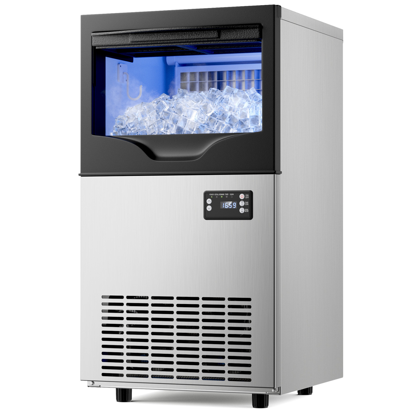 A freestanding Mojgar commercial ice maker machine with a 100 lbs per day capacity and 33 lbs storage, featuring a sleek stainless steel exterior and an LCD control panel for easy operation.