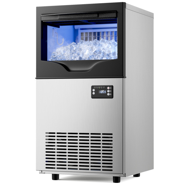 A freestanding Mojgar commercial ice maker machine with a 100 lbs per day capacity and 33 lbs storage, featuring a sleek stainless steel exterior and an LCD control panel for easy operation.