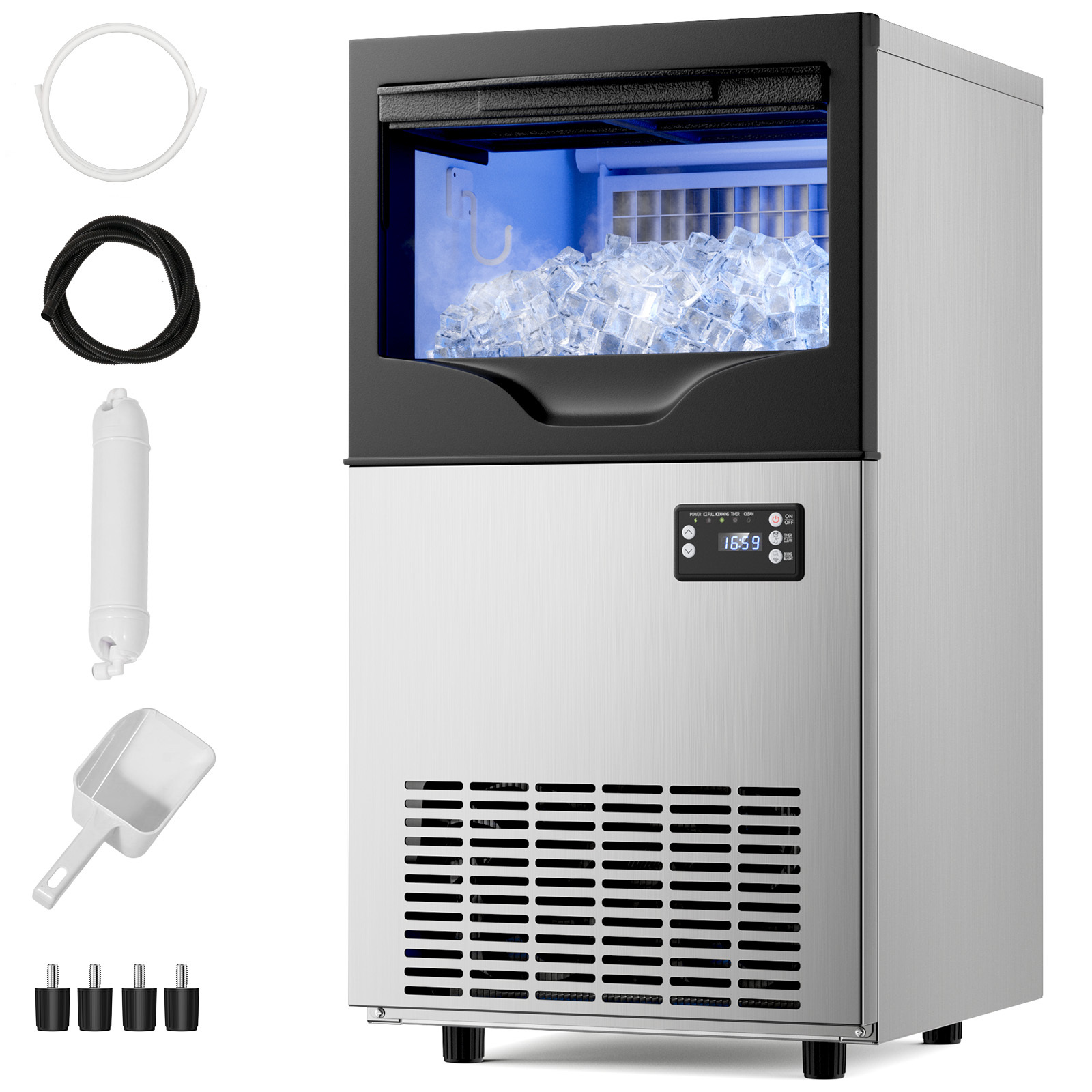A Mojgar commercial ice maker machine with 100 lbs per day capacity, 33 lbs storage, and essential accessories including a water filter, hose, ice scoop, and connectors, featuring a sleek stainless steel design.