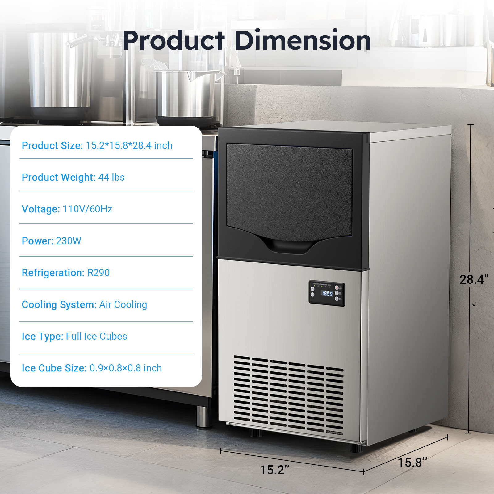 Mojgar commercial ice maker with product dimensions: 15.2 x 15.8 x 28.4 inches, 44 lbs weight, 110V/60Hz voltage, 230W power, R290 refrigerant, air cooling system, and 0.9x0.8x0.8 inch full ice cubes.