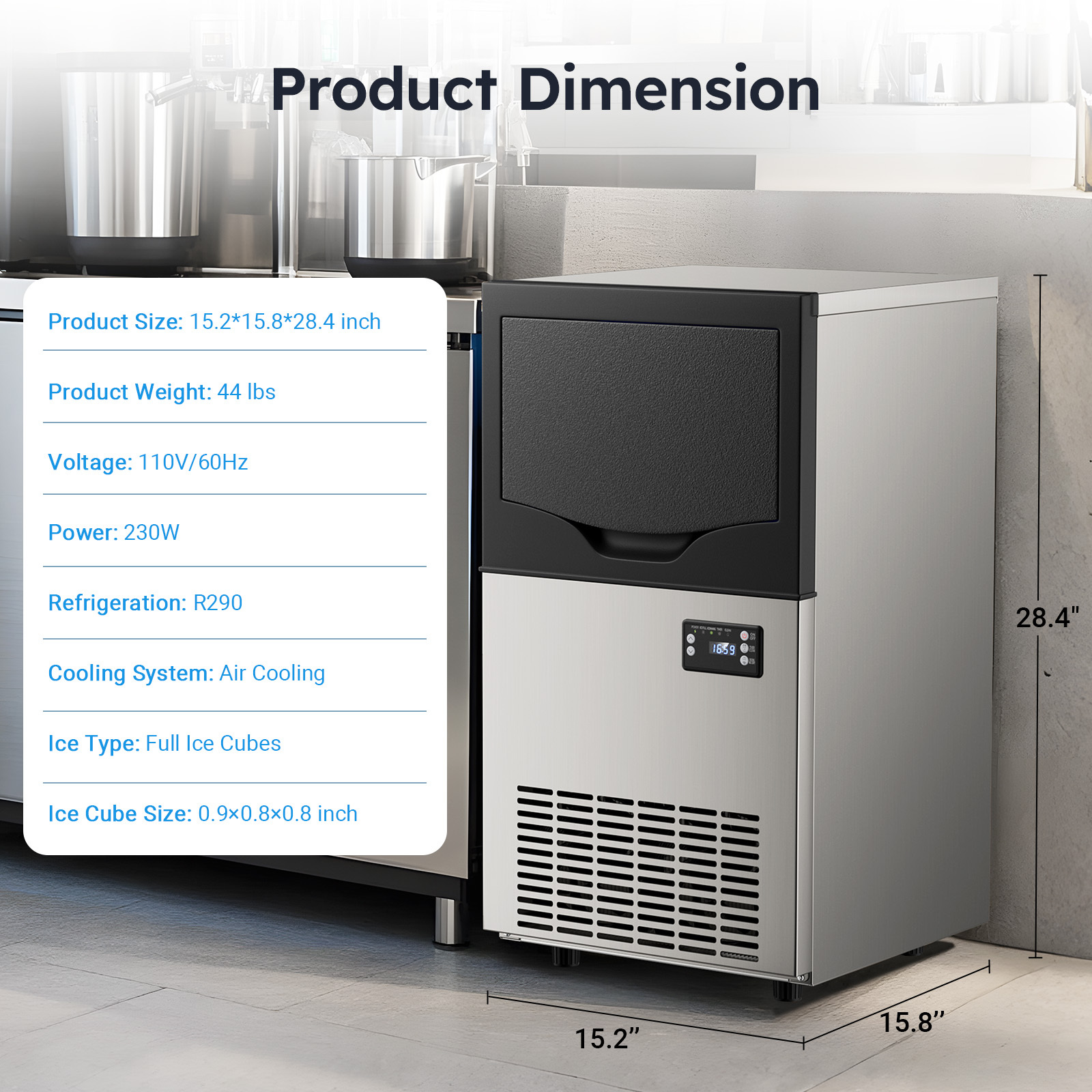 Mojgar commercial ice maker with product dimensions: 15.2 x 15.8 x 28.4 inches, 44 lbs weight, 110V/60Hz voltage, 230W power, R290 refrigerant, air cooling system, and 0.9x0.8x0.8 inch full ice cubes.