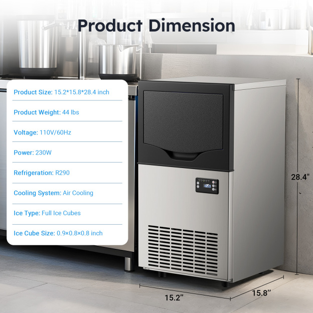 Mojgar commercial ice maker with product dimensions: 15.2 x 15.8 x 28.4 inches, 44 lbs weight, 110V/60Hz voltage, 230W power, R290 refrigerant, air cooling system, and 0.9x0.8x0.8 inch full ice cubes.