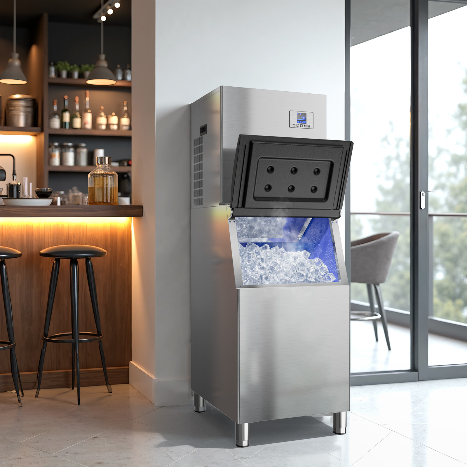 Mojgar Ice Maker in a stylish bar environment, showing ice production with clear cubes in the storage bin, designed for high-volume usage. Ideal for commercial settings such as bars and restaurants.
