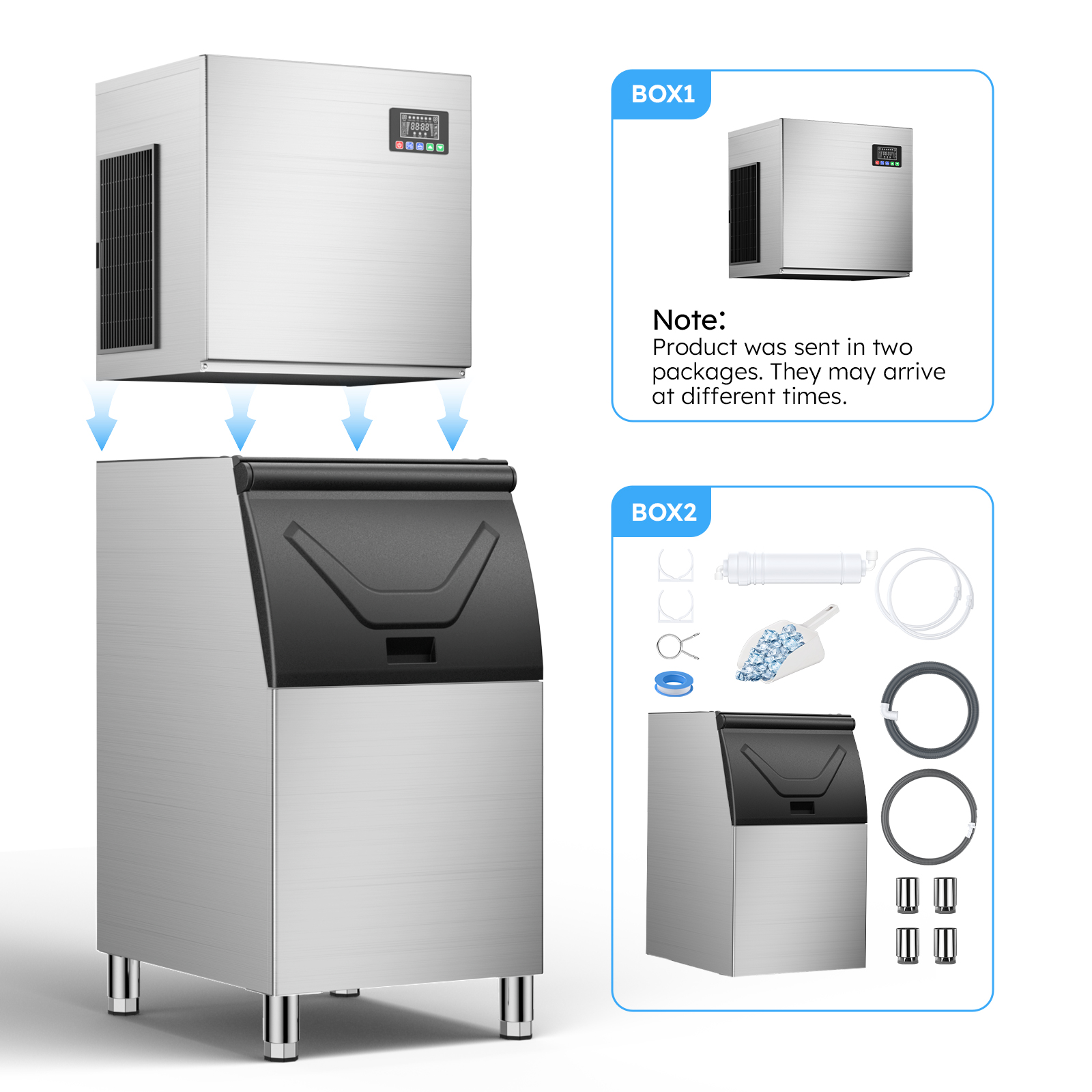 Mojgar Commercial Ice Maker delivered in two packages. Includes installation components like water filter, hose, and scoop. Simple setup with quick assembly to get your ice maker up and running.