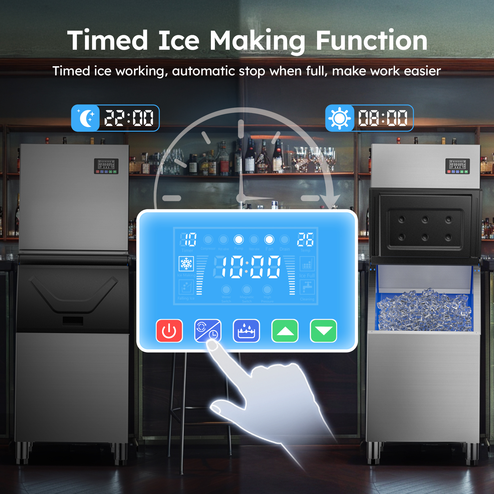 Mojgar Commercial Ice Maker with a timed ice making function, allowing for automatic stop when the storage bin is full. The user-friendly touch control panel simplifies operation, ideal for bars, restaurants, and cafes.