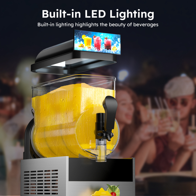 Mojgar Commercial Slushy Machine with built-in LED lighting, showcasing vibrant frozen drinks. The LED lights enhance the appearance of beverages, making them more appealing at parties, bars, or restaurants, and adding a touch of visual excitement to any setting.