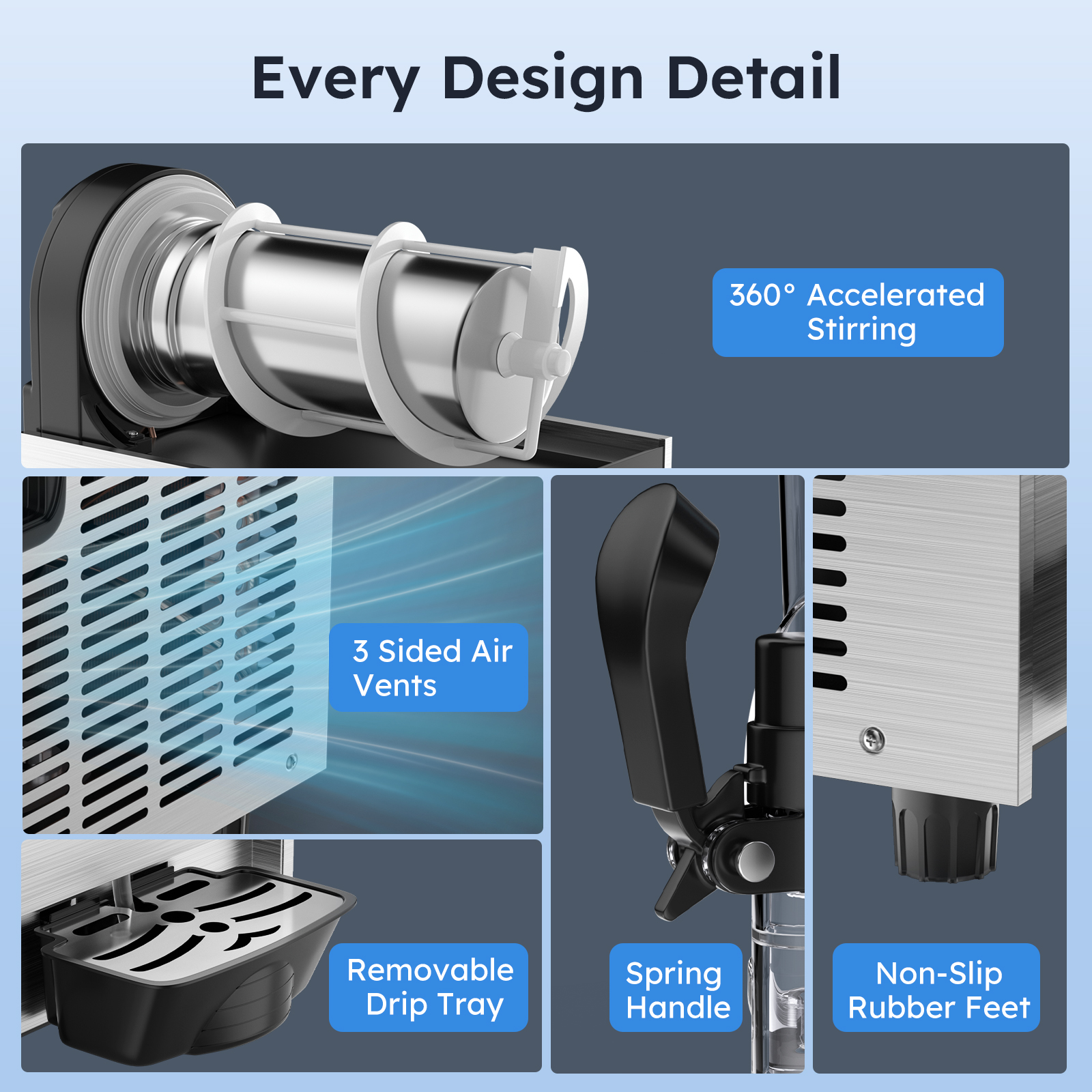 Mojgar Commercial Slushy Machine featuring every design detail for optimal performance: 360° accelerated stirring, 3-sided air vents for better cooling, removable drip tray for easy cleaning, spring handle for convenience, and non-slip rubber feet for stability.