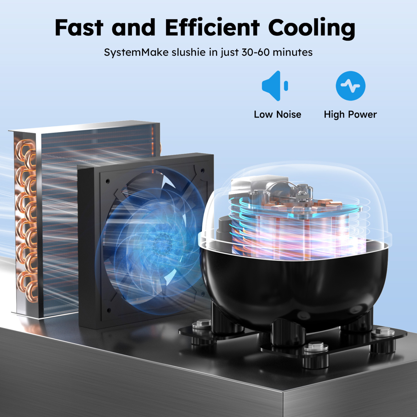 Mojgar Commercial Slushy Machine featuring a high-power, efficient cooling system. Make slushies in just 30-60 minutes with low noise and high efficiency. Perfect for fast and quiet operation, ensuring a smooth and enjoyable beverage experience.