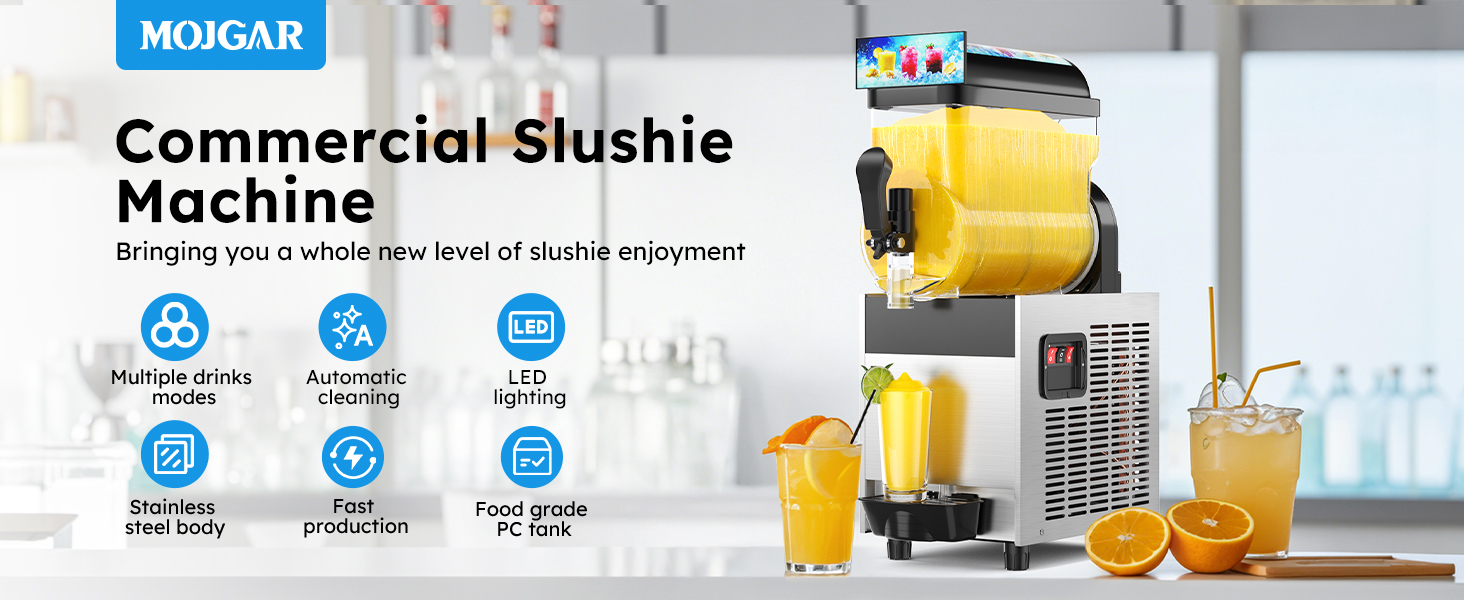 Mojgar Commercial Slushy Machine – Features multiple drink modes, automatic cleaning, LED lighting, stainless steel body, and food-grade PC tank. Fast production for slushies, margaritas, and cold drinks.
