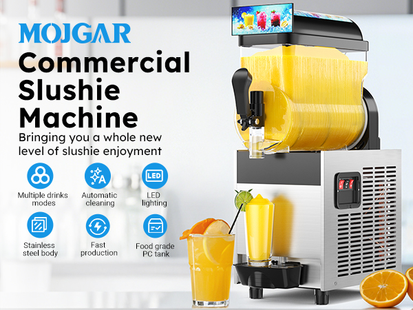 Mojgar Commercial Slushy Machine – Features multiple drink modes, automatic cleaning, LED lighting, stainless steel body, and food-grade PC tank. Fast production for slushies, margaritas, and cold drinks.
