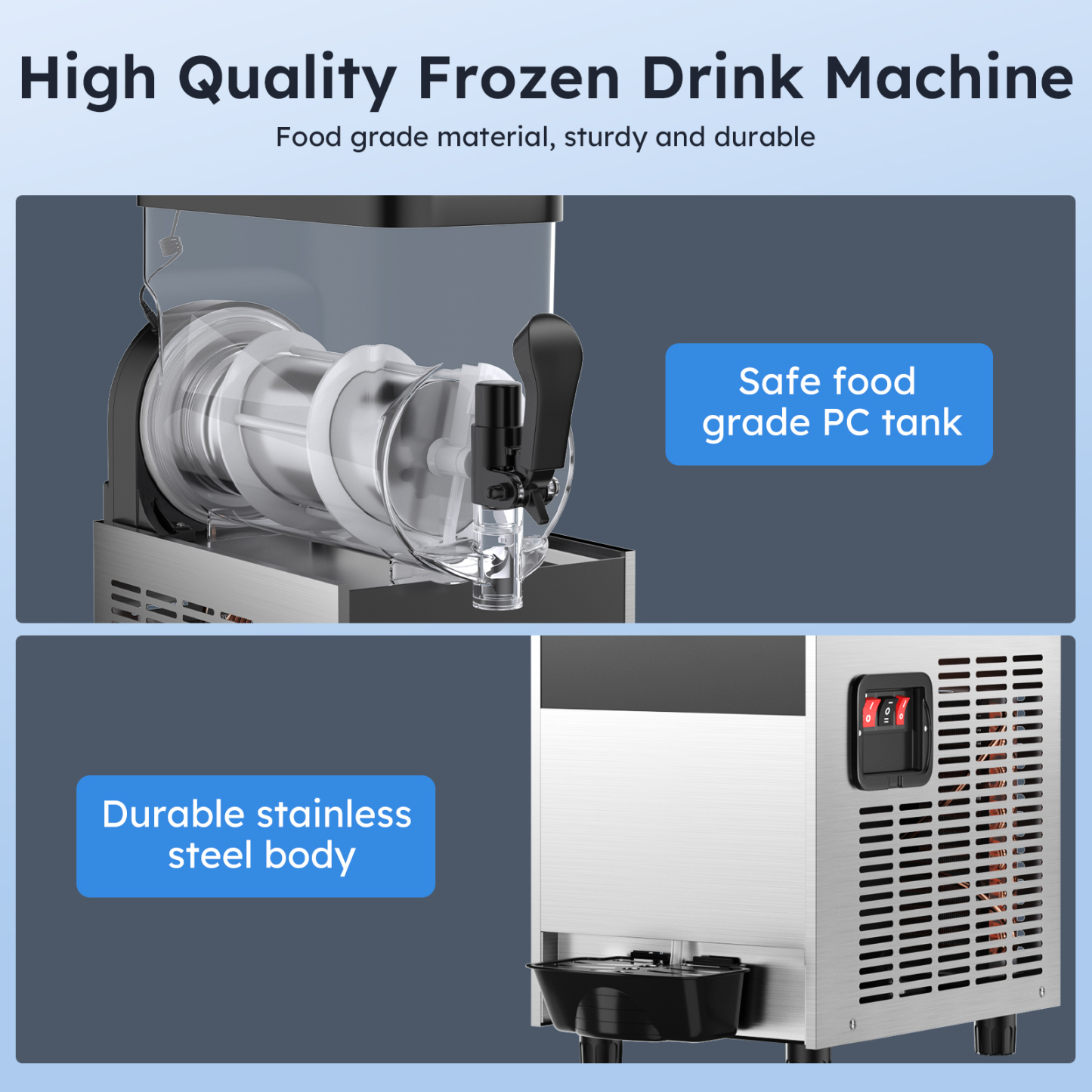 Mojgar Commercial Slushy Machine made with food-grade PC tank and durable stainless steel body. Designed for safety and long-lasting use, ensuring the highest quality frozen drinks while maintaining sturdy performance in busy environments like bars or restaurants.