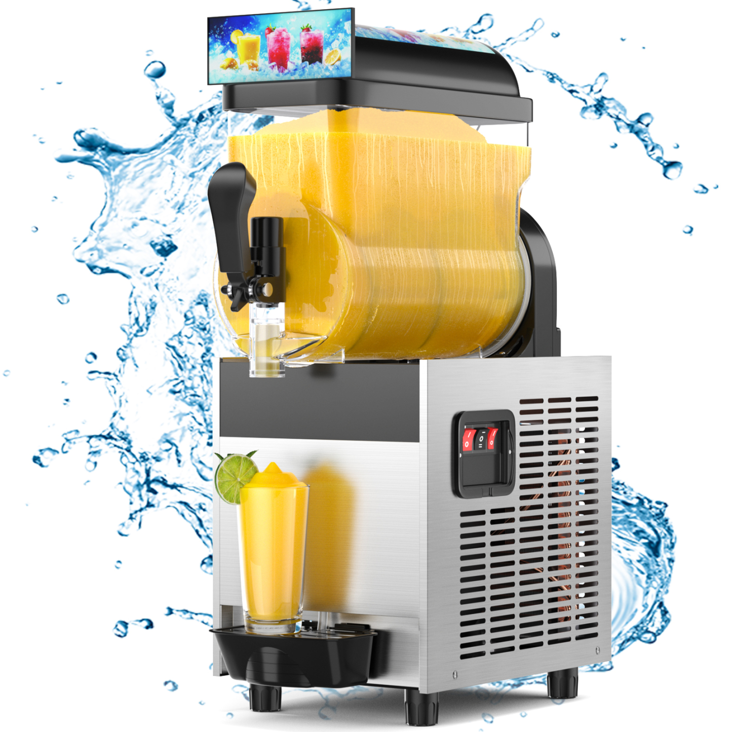 Mojgar Commercial Slushy Machine with a vibrant frozen drink display, featuring a 15L (4Gal) capacity, food-grade materials, and LED lights. Perfect for making slushies and margaritas at home, bars, or parties. The machine is efficient, with auto-cleaning and fast cooling capabilities.