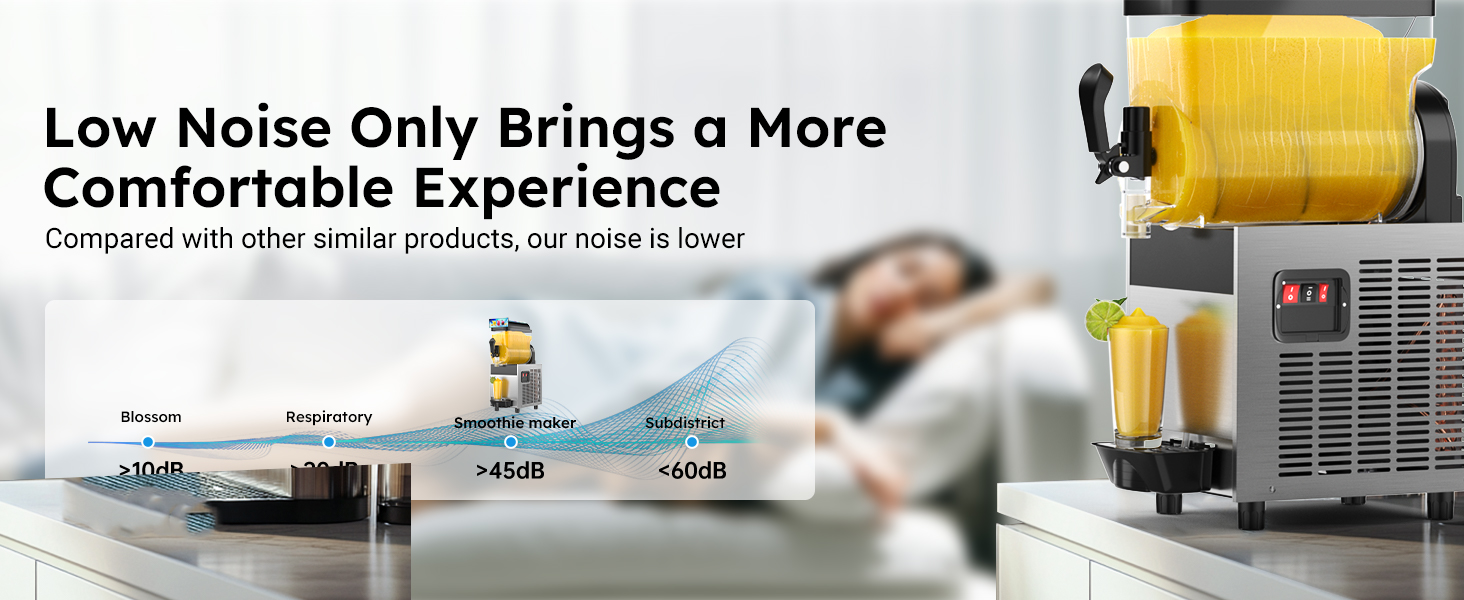 Mojgar Commercial Slushy Machine – Low Noise Operation (<60dB) for a More Comfortable Experience. Quieter than similar products, perfect for bars, restaurants, or home use.
