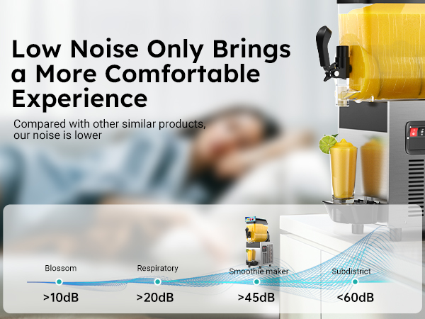 Mojgar Commercial Slushy Machine – Low Noise Operation (<60dB) for a More Comfortable Experience. Quieter than similar products, perfect for bars, restaurants, or home use.
