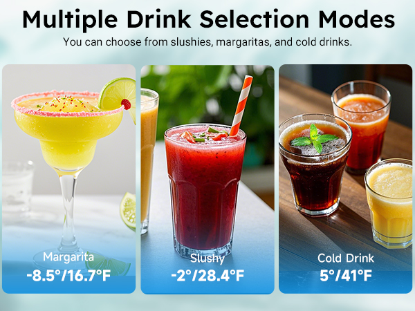 Mojgar Commercial Slushy Machine – Offers multiple drink modes: margaritas (-8.5°F/16.7°F), slushies (-2°F/28.4°F), and cold drinks (5°F/41°F). Perfect for serving a variety of refreshing beverages.
