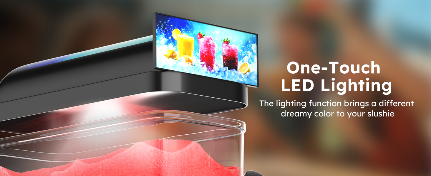 Mojgar Commercial Slushy Machine – One-Touch LED Lighting adds a vibrant, dreamy color to your slushies, enhancing the visual appeal and creating an eye-catching display for any occasion.
