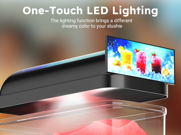 Mojgar Commercial Slushy Machine – One-Touch LED Lighting adds a vibrant, dreamy color to your slushies, enhancing the visual appeal and creating an eye-catching display for any occasion.
