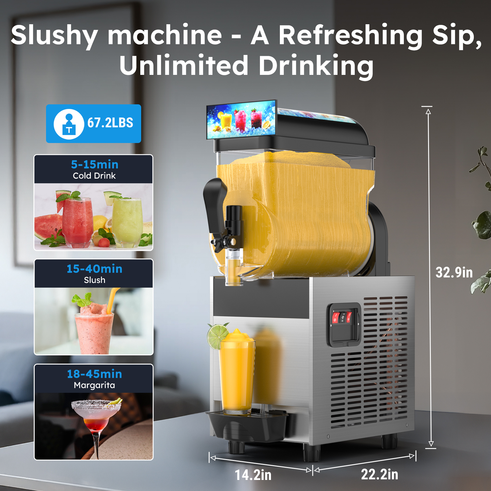 Mojgar Commercial Slushy Machine with a 67.2 lbs weight and dimensions of 32.9in x 14.2in x 22.2in. Capable of making cold drinks in 5-15 minutes, slushies in 15-40 minutes, and margaritas in 18-45 minutes. Perfect for creating refreshing beverages quickly and efficiently.