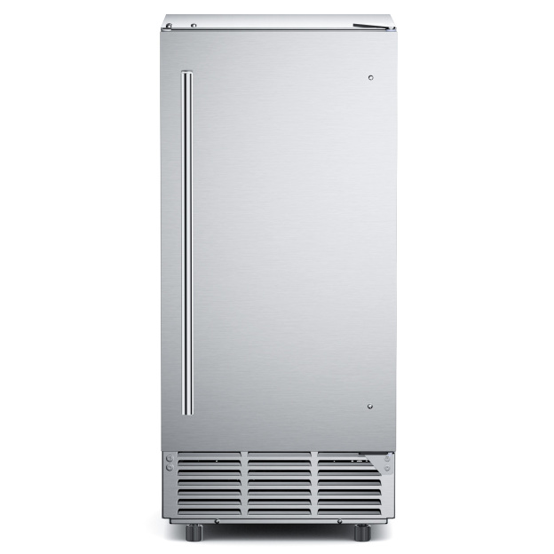 Mojgar Commercial Under Counter Ice Maker with a sleek stainless steel exterior, featuring a reversible door and compact design. Ideal for small spaces, home bars, or offices. Efficient and stylish ice machine for daily use.