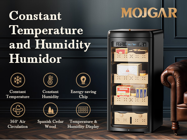 Mojgar Cigar Humidor with constant temperature and humidity control, 360° air circulation, energy-saving chip, Spanish cedar drawers, LED lighting, and a quiet operation for premium cigar storage.
