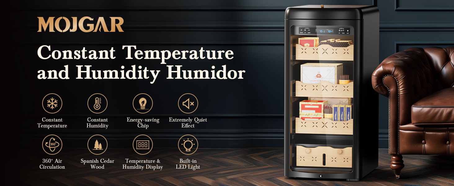 Mojgar Cigar Humidor with constant temperature and humidity control, 360° air circulation, energy-saving chip, Spanish cedar drawers, LED lighting, and a quiet operation for premium cigar storage.