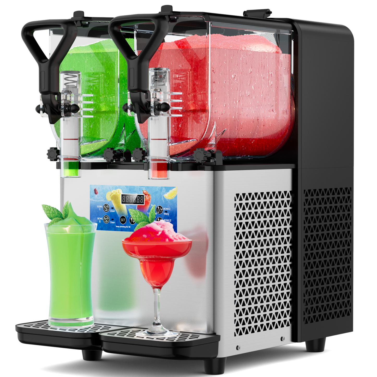 Mojgar 6L Dual Tank Margarita and Slushie Machine with LED display, fast cooling, and automatic cleaning. Perfect for creating frozen drinks at home or for commercial use. Features a sleek stainless steel design and easy-to-use interface.