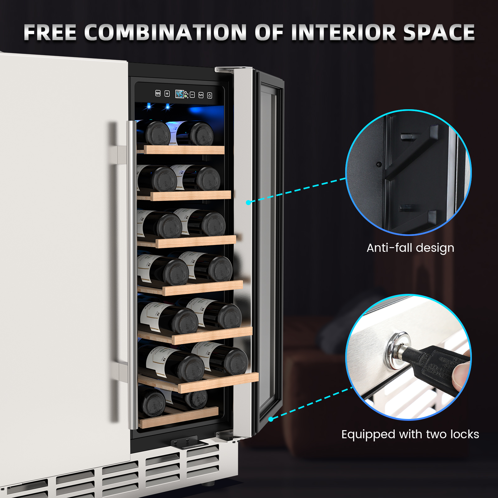 Mojgar fridge with adjustable shelves for flexible storage, anti-fall design, and dual safety locks for added protection. Perfect for organizing wine and beverages securely.