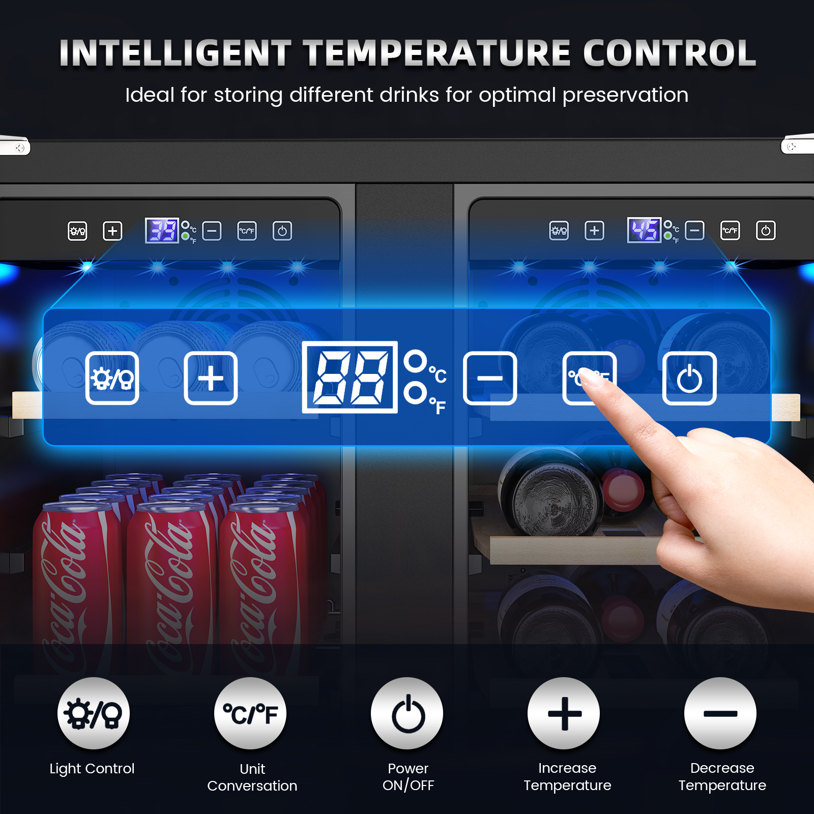 Mojgar fridge with intelligent temperature control, featuring easy-to-use digital display and buttons for precise adjustments. Ideal for storing different drinks with optimal preservation.