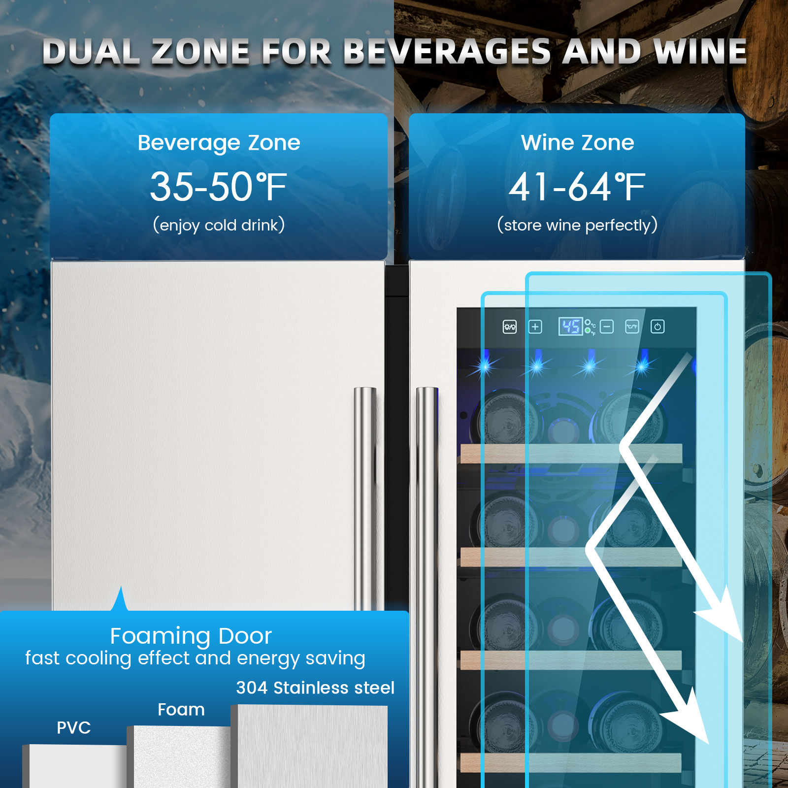 Mojgar dual-zone fridge with 35-50°F beverage and 41-64°F wine zones. Features a foaming door for fast cooling, energy savings, and durable 304 stainless steel construction.