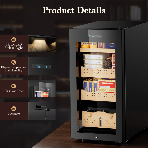 Mojgar electric cigar humidor features include 6500K built-in LED light, temperature and humidity display, HD glass door, and a lockable design for secure storage. Ideal for storing up to 700 cigars with optimal conditions.