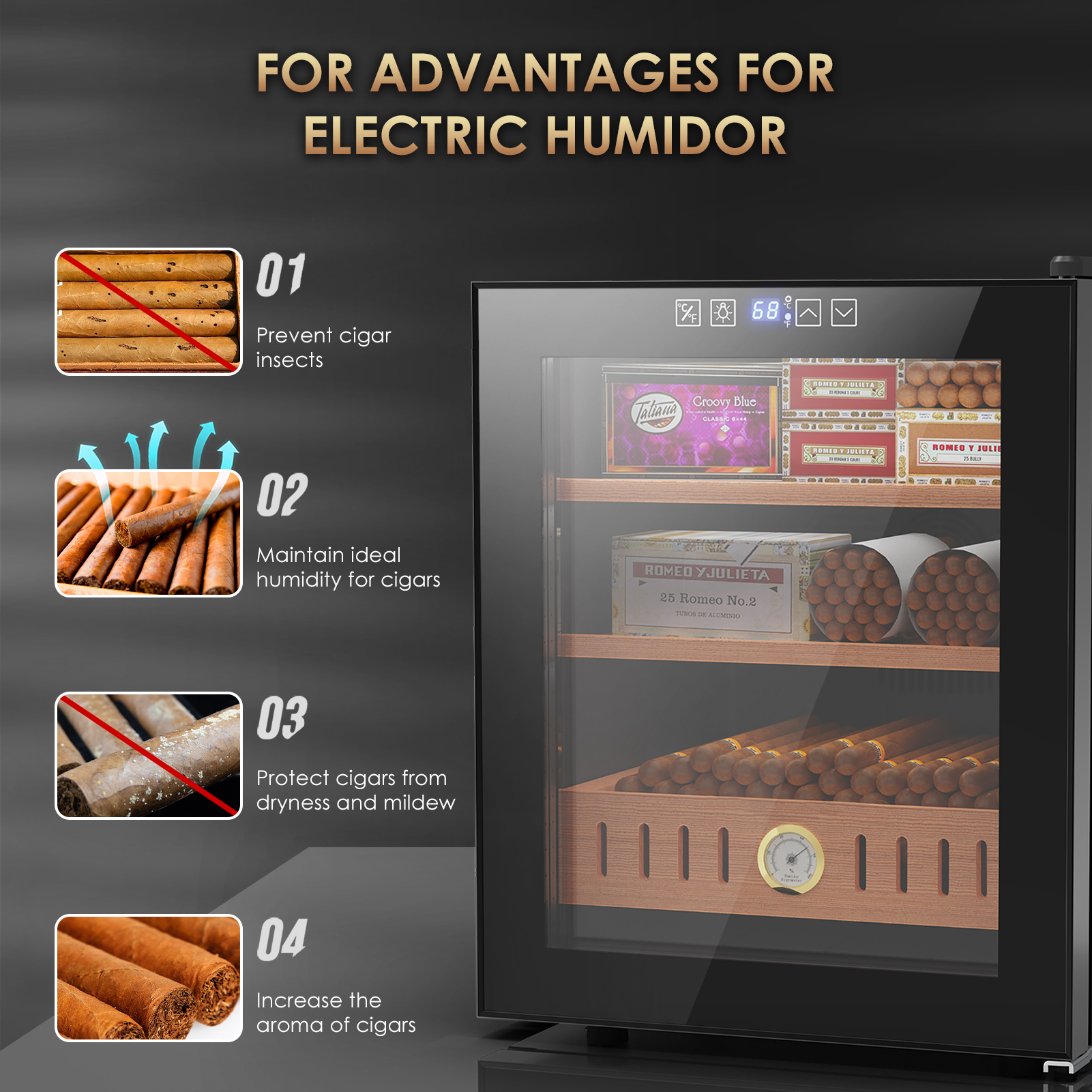 Mojgar electric humidor designed to prevent cigar insects, maintain ideal humidity, protect cigars from dryness and mildew, and enhance the aroma of cigars with optimal storage conditions.