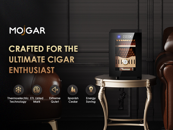 Mojgar electric humidor designed for cigar enthusiasts, featuring thermoelectric technology, ETL certification, Spanish cedar interior, and energy-saving, ultra-quiet operation.