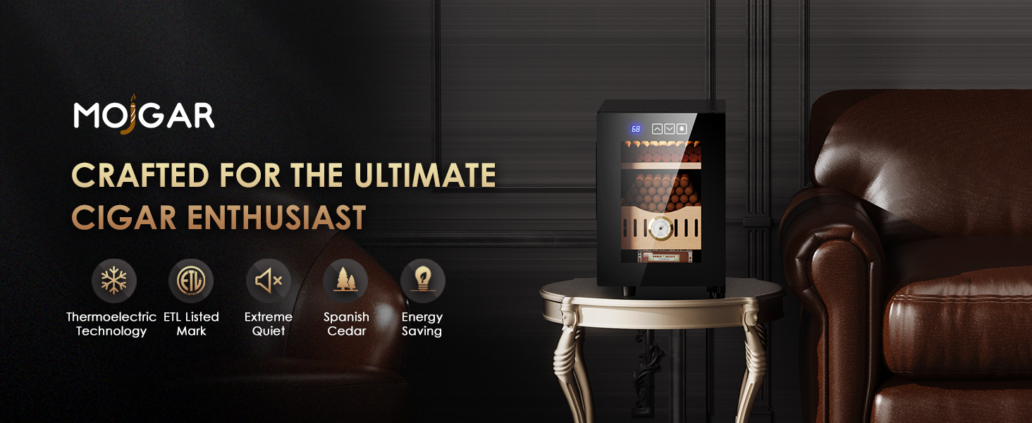 Mojgar electric humidor designed for cigar enthusiasts, featuring thermoelectric technology, ETL certification, Spanish cedar interior, and energy-saving, ultra-quiet operation.