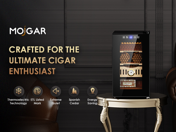 Mojgar electric humidor designed for cigar enthusiasts, featuring thermoelectric technology, ETL certification, Spanish cedar interior, and energy-saving, ultra-quiet operation.