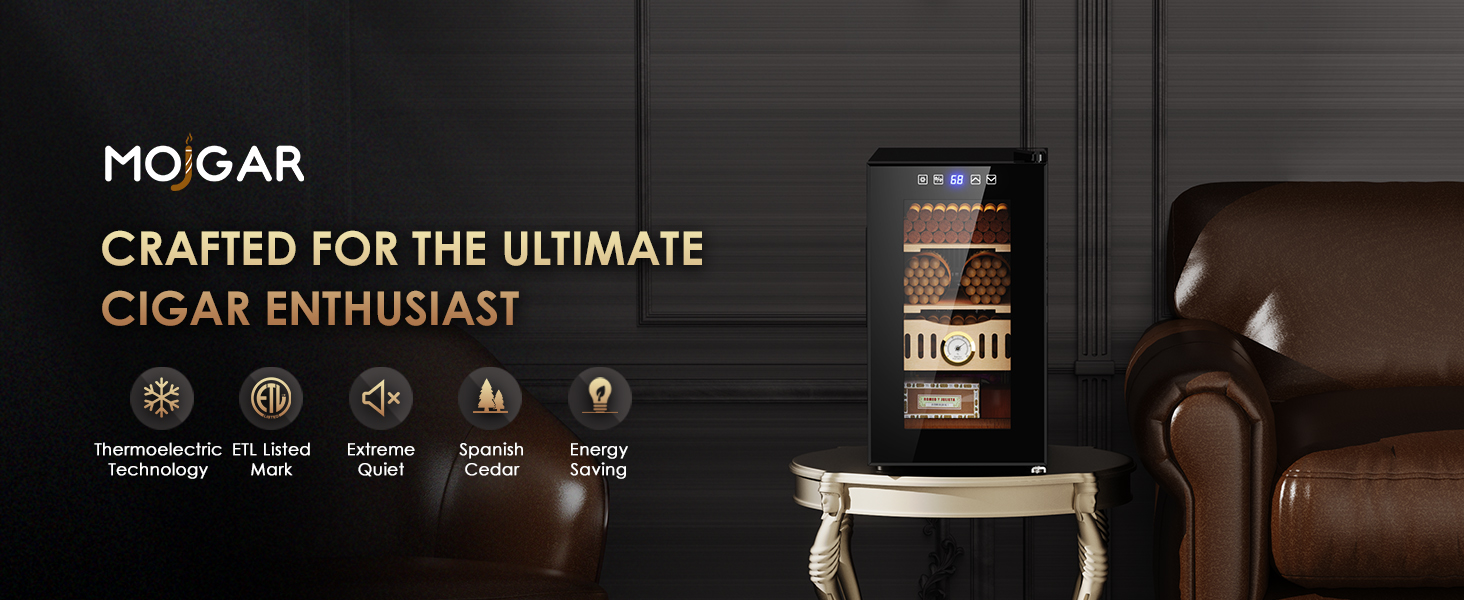 Mojgar electric humidor designed for cigar enthusiasts, featuring thermoelectric technology, ETL certification, Spanish cedar interior, and energy-saving, ultra-quiet operation.